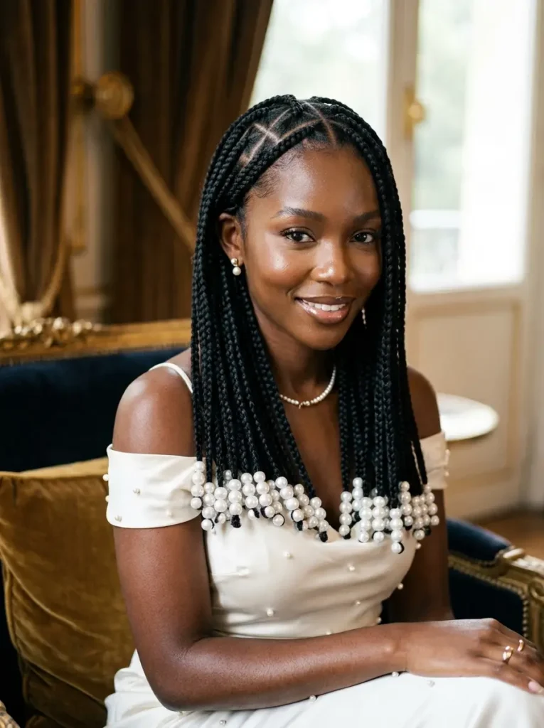 Triangular Part Box Braids with Pearl Beads
