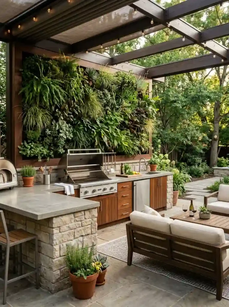 Outdoor Kitchen with Greenery Wall