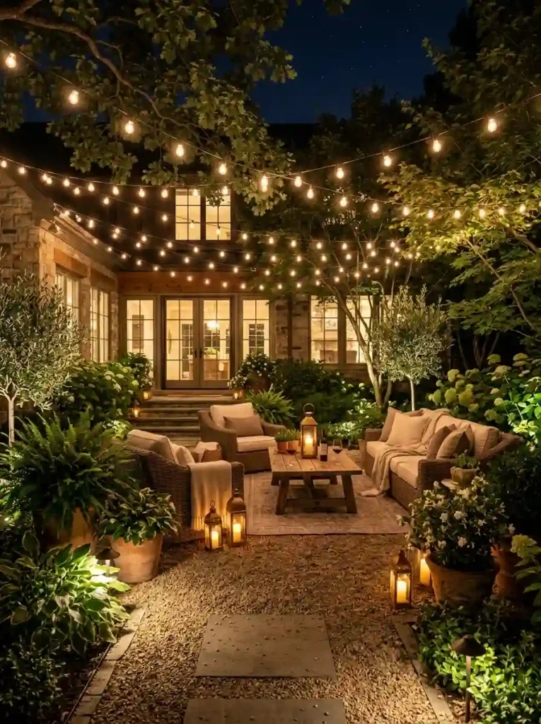Gravel Patio with String Lights and Lanterns