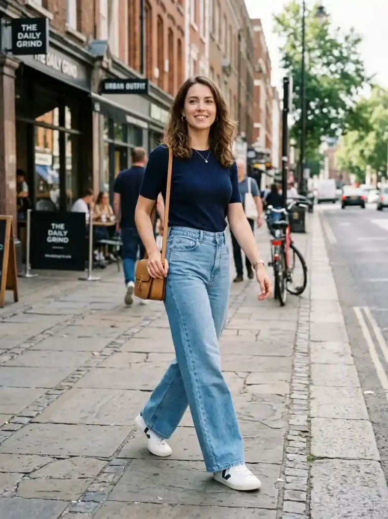 High-Waisted Wide-Leg Denim with Fitted Knits