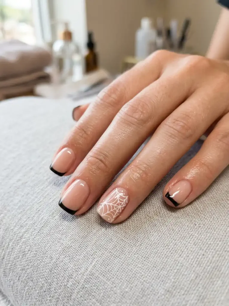 Micro Black French Tips with Web Lines