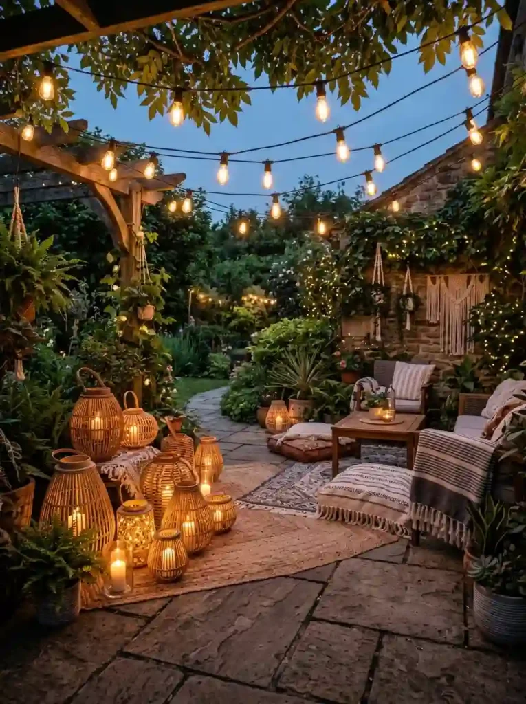 Ambient Warm String Lighting & Bamboo Lantern Clusters