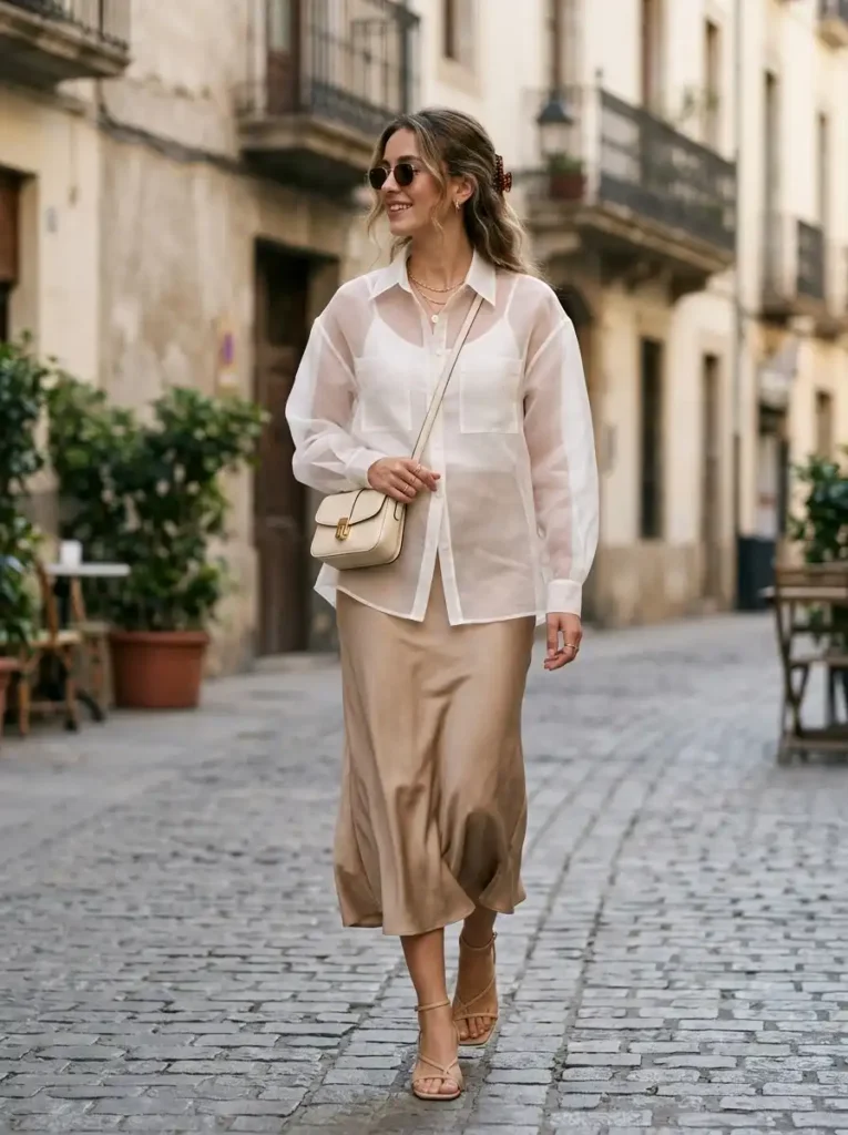Translucent Sheer Blouses with Slip Skirts
