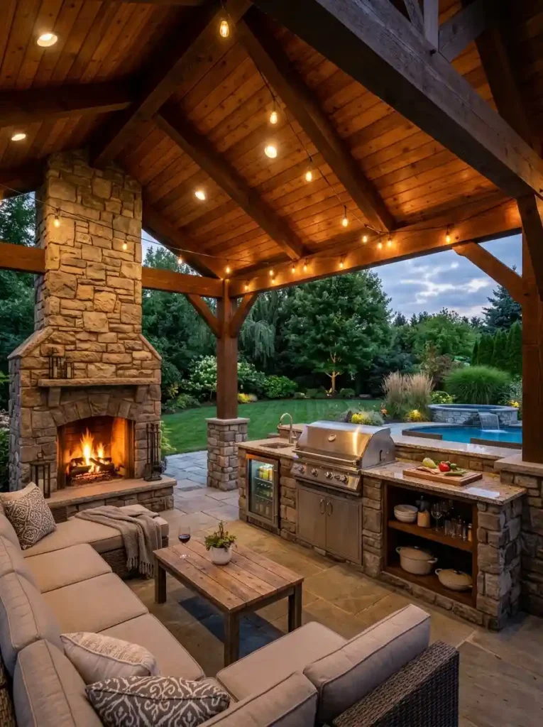 Covered Outdoor Kitchen with Fireplace