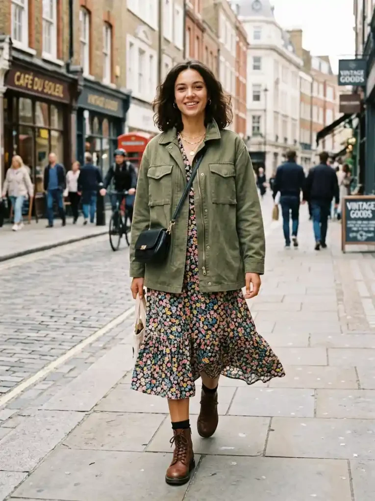 Cropped Utility Jackets over Floral Midi Dresses