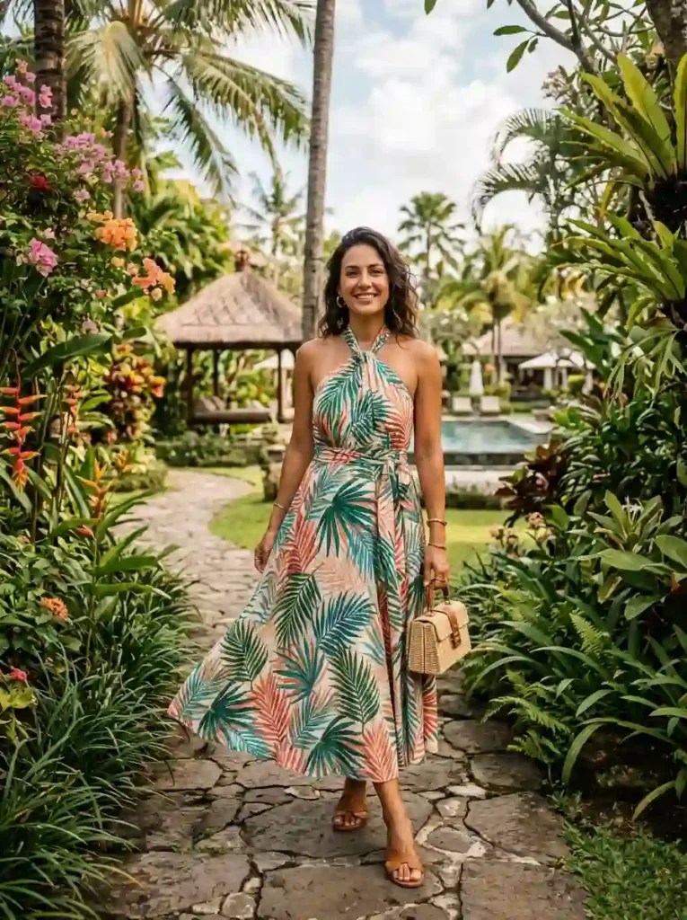 Flowy Tropical Print Midi Dresses