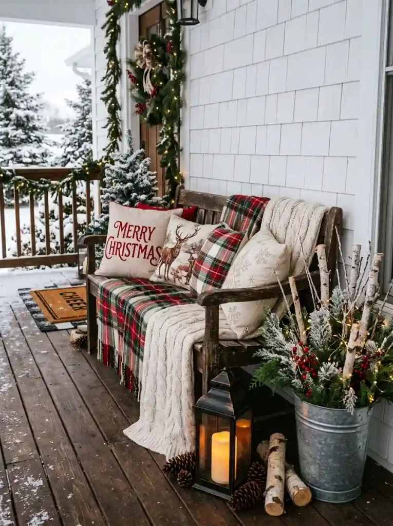 Cozy Farmhouse Bench with Winter Textiles