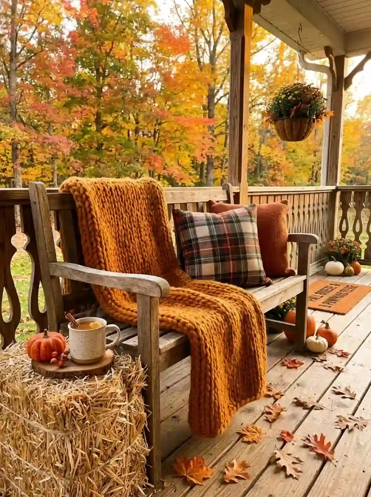 Cozy Porch Bench with Plaid Throws