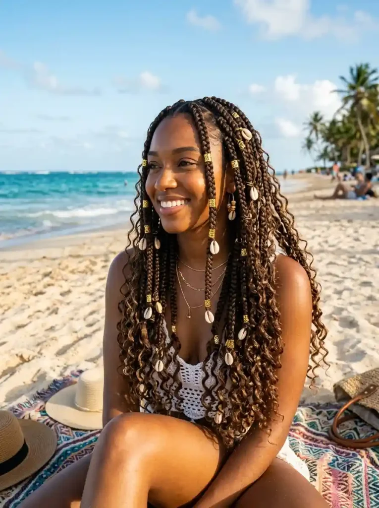 Goddess Box Braids with Shells and Gold Beads