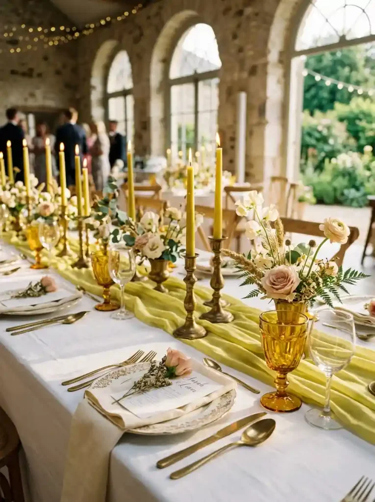 6. Golden Hour Chartreuse & Brass Vintage Table