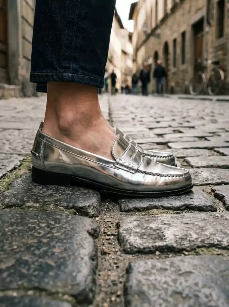 Mirror-Finish Metallic Footwear