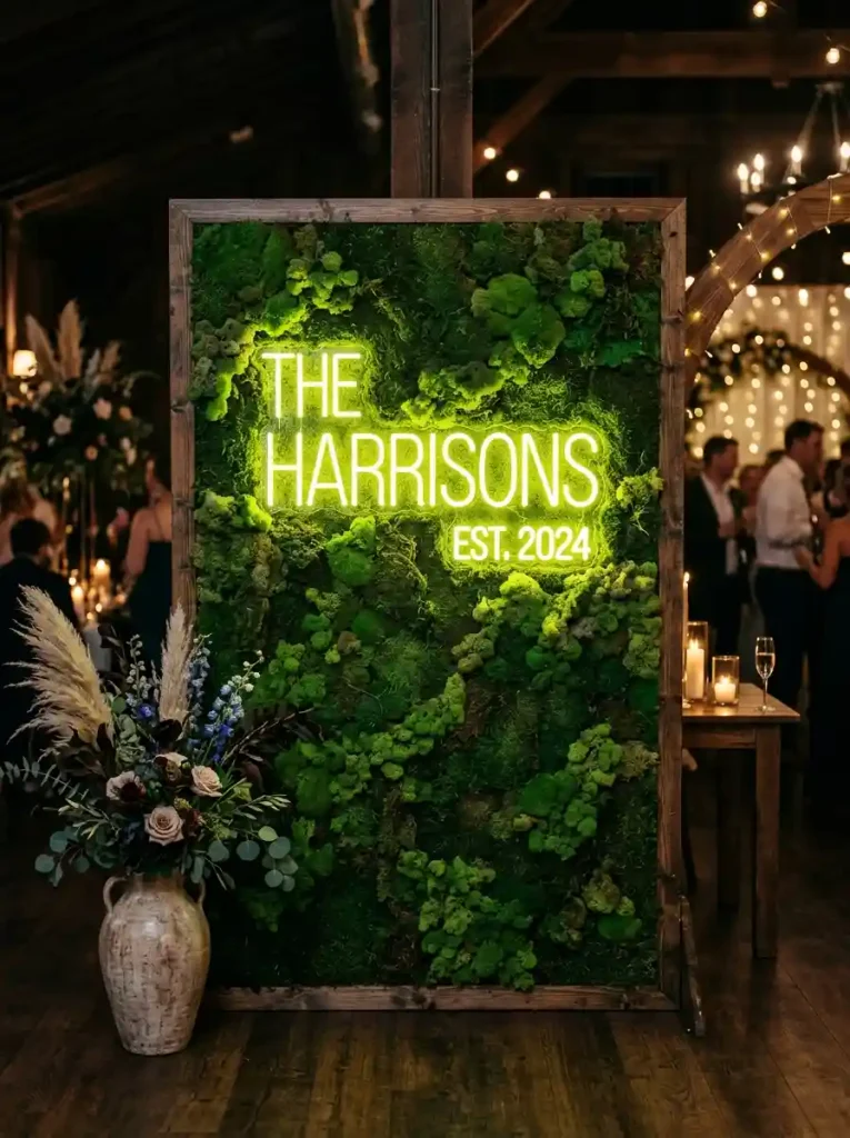 Chartreuse Neon Signage on Moss Backdrop
