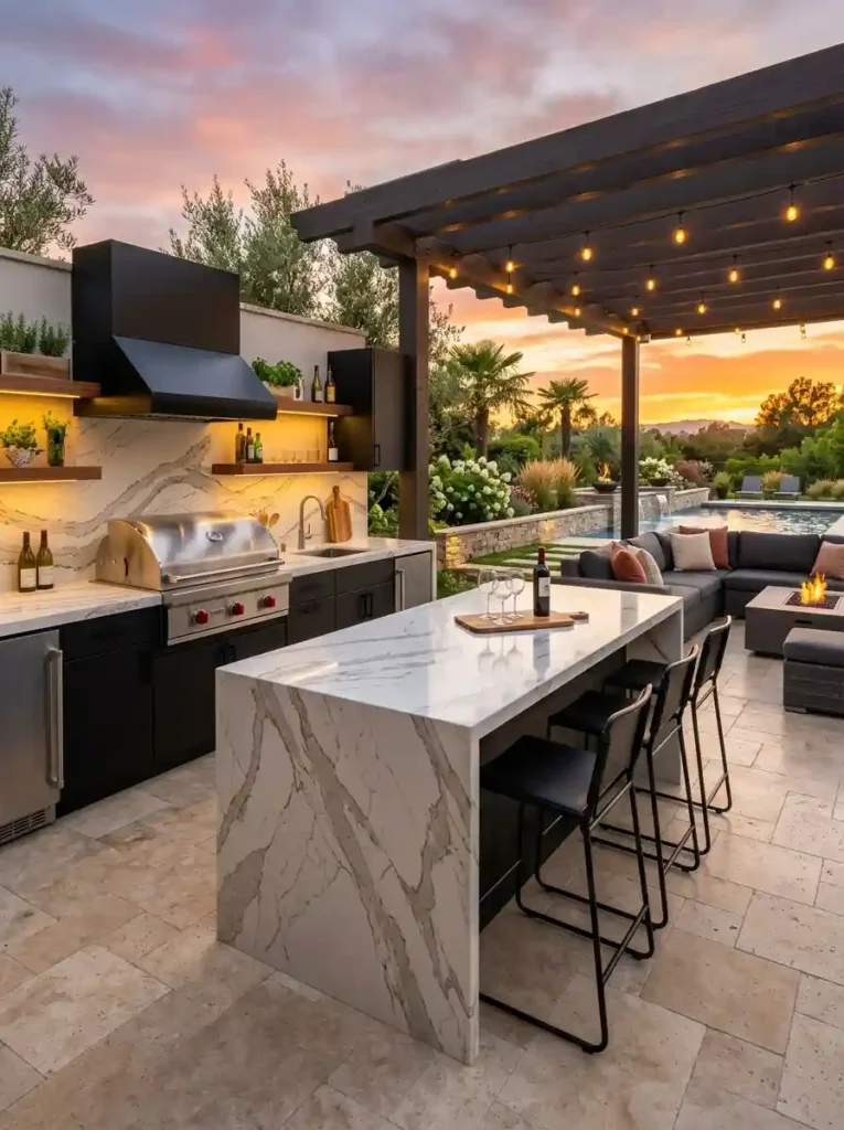 Outdoor Kitchen with Waterfall Island