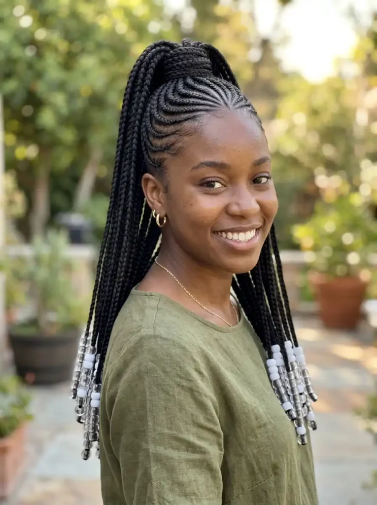 High Braided Ponytail with Cascading Beads
