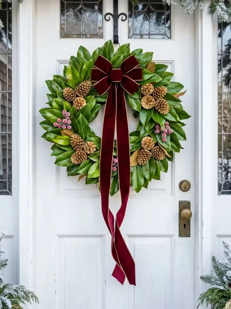 Classic Red Bows & Magnolia Wreath