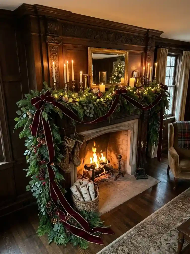 Mixed Evergreen & Velvet Ribbon Mantel Runner