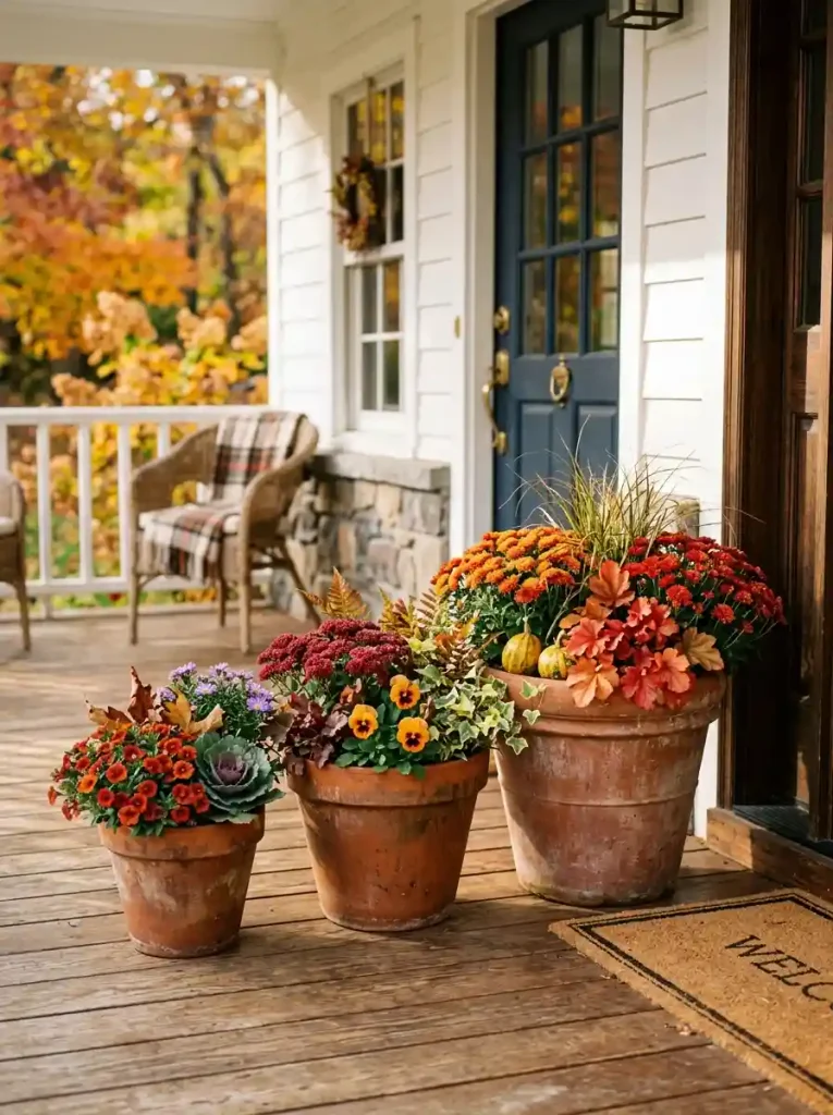 Terracotta Pot Trio with Autumn Foliage