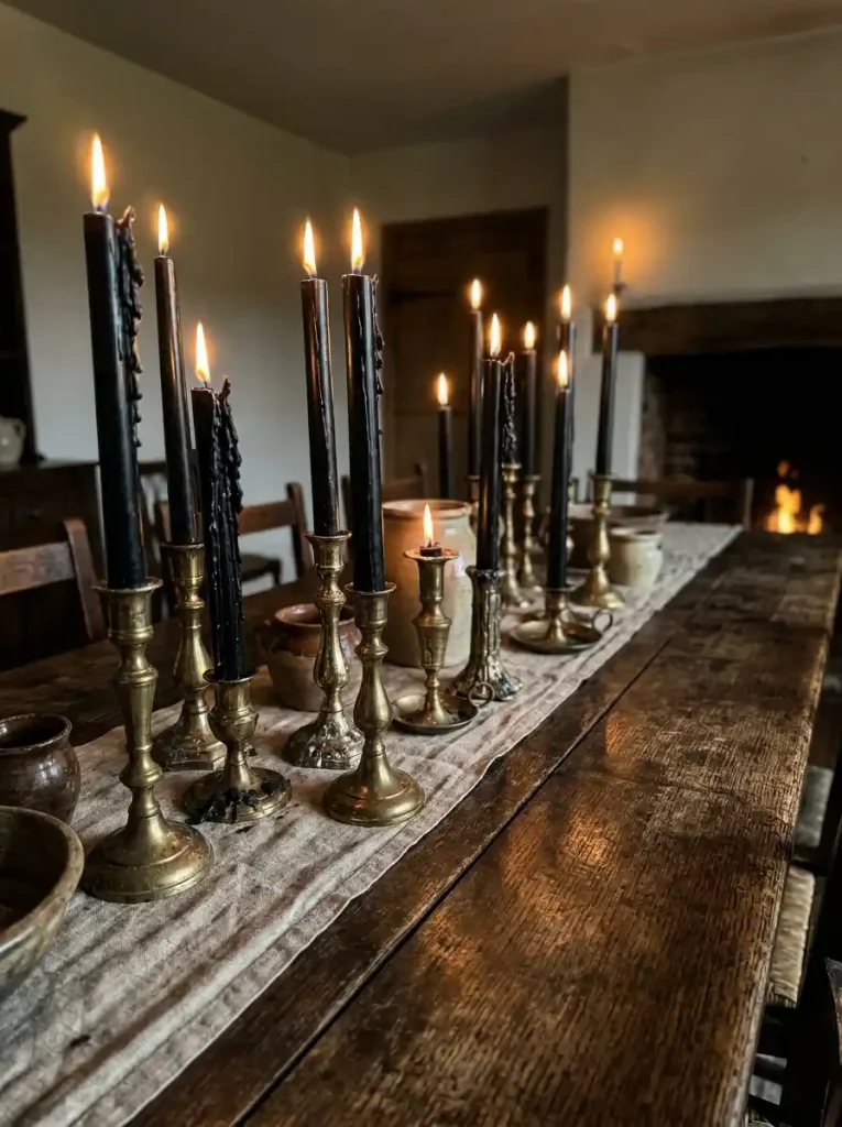 Antique Brass Candlesticks with Dripping Black Wax