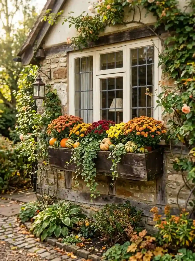 Window Box Planters with Trailing Ivy and Mums