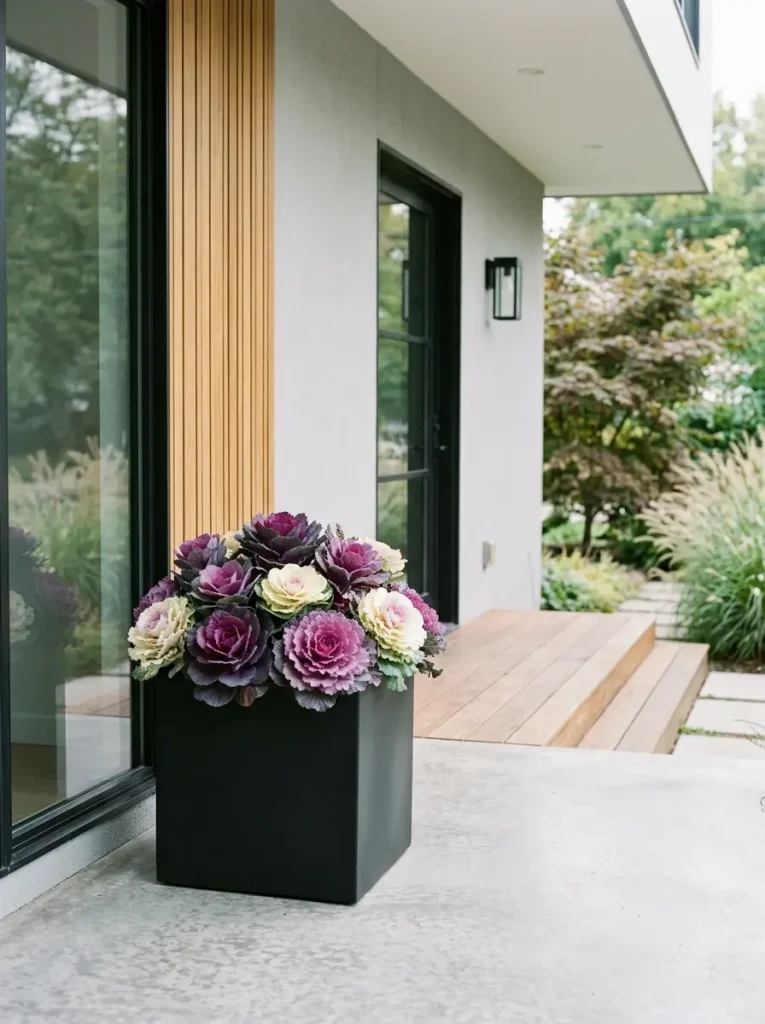 Modern Black Matte Planters with Ornamental Cabbage