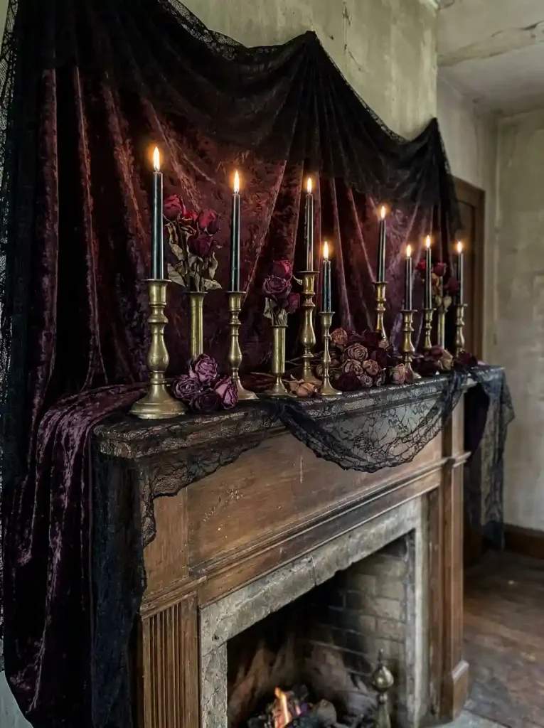 he Living Room: Moody Gothic Velvet & Brass Mantel