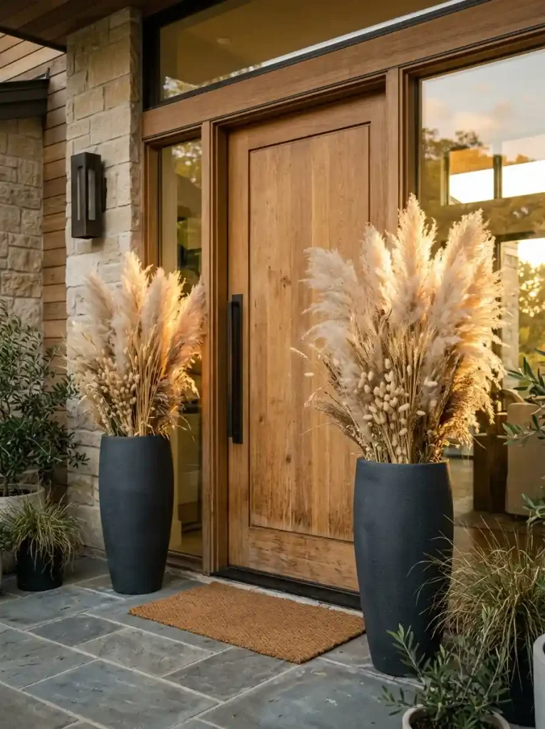 Flanking Dried Pampas Grass & Wheat Urns