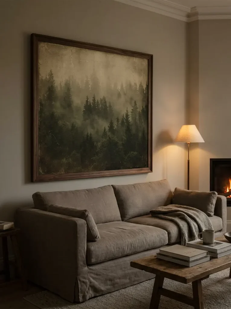Oversized Moody Landscape Art in Dark Wood Frames