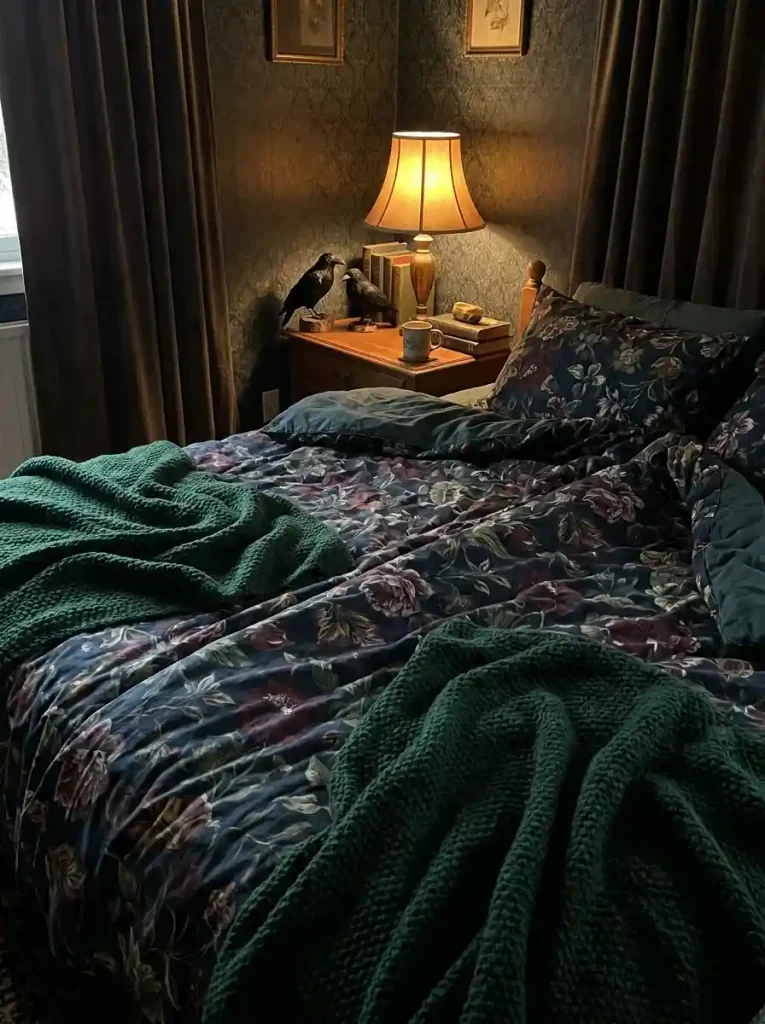 The Main Bedroom: Dark Botanical & Raven Bedding Vignette