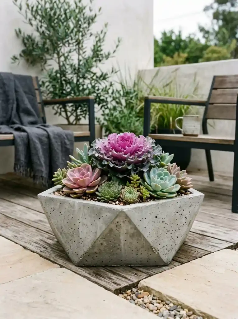 Concrete Geometric Planters with Succulents and Kale