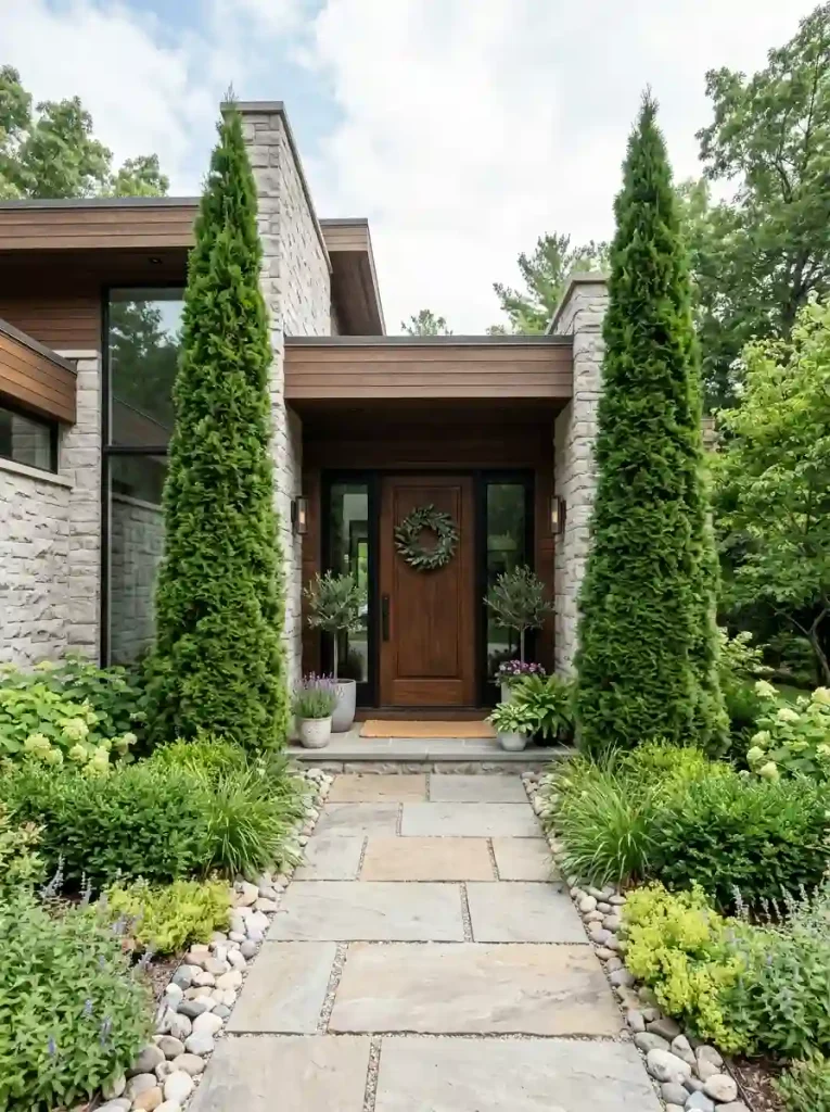 Evergreen Trees Framing the Front Door