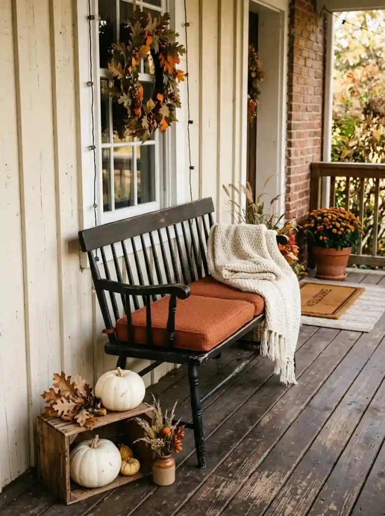 9. Cozy Wooden Benches & Textured Throw Blankets
