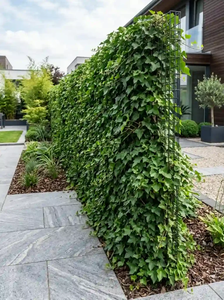 Narrow Wire Mesh Trellis with Living Ivy Wall
